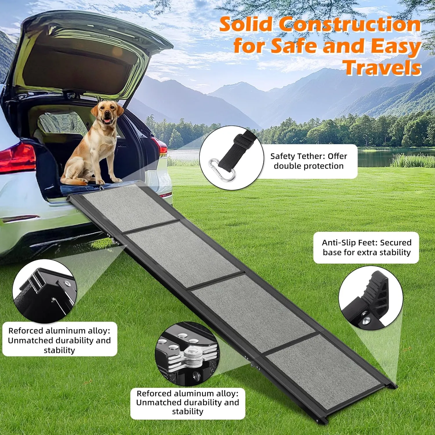 Dog Ramp for Car, 71" Extra Long Folding Pet Stair Ramp with Non-Slip Surface for Medium & Large Dogs Up to 250LBS, Outdoor Dog Car Ramp for SUVs, and Trucks, Portable Pet Steps