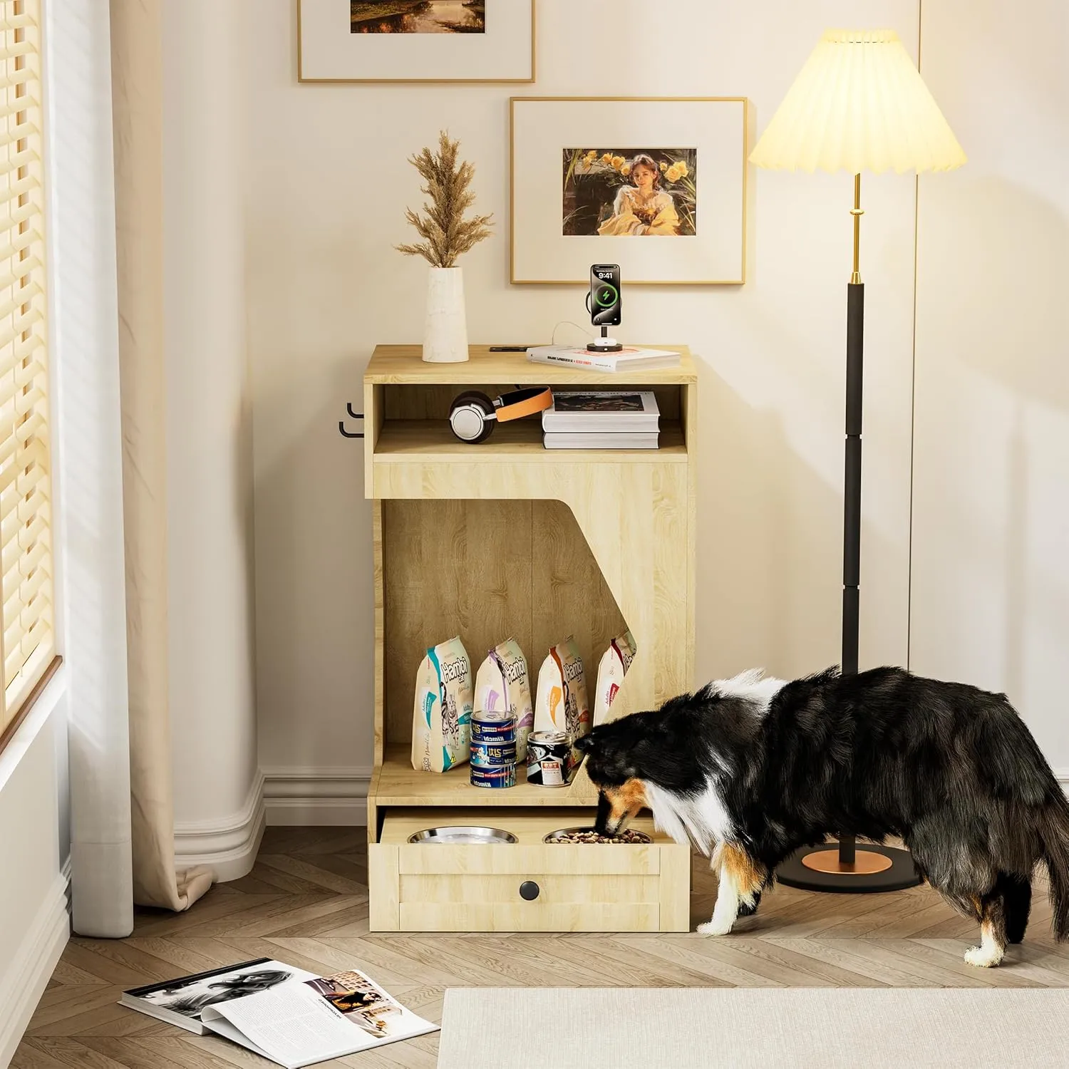 End Table with Dog Feeding Station, Nightstand with Charging Station, Side Table with Open Storage Shelf, Bedside Table for Small Cats and Dogs, Cat Litter Box for Bedroom and Living Room (Natural)