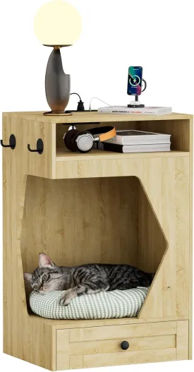 End Table with Dog Feeding Station, Nightstand with Charging Station, Side Table with Open Storage Shelf, Bedside Table for Small Cats and Dogs, Cat Litter Box for Bedroom and Living Room (Natural)