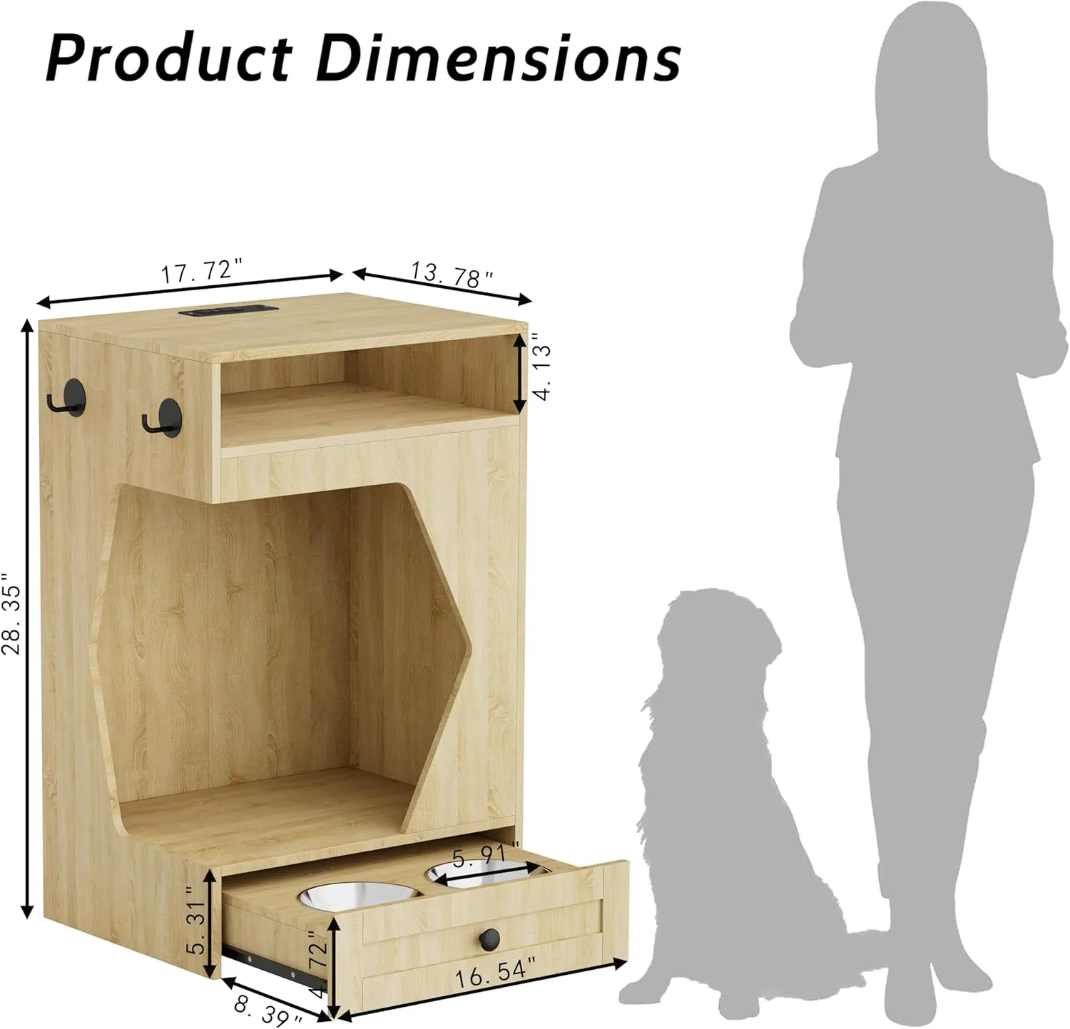 End Table with Dog Feeding Station, Nightstand with Charging Station, Side Table with Open Storage Shelf, Bedside Table for Small Cats and Dogs, Cat Litter Box for Bedroom and Living Room (Natural)