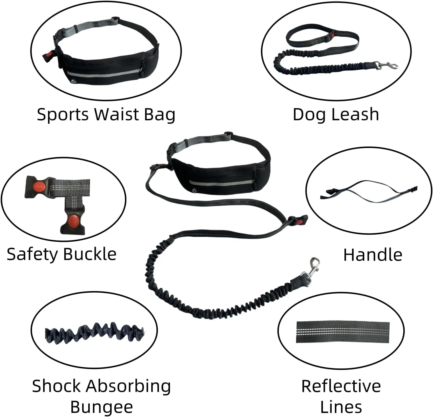 FJ Four Joys Hands Free Dog Leash with Zipper Pouch, Waist Leash for Dog Walking with Shock Absorbing Bungee for Walking, Jogging and Running (Black)