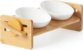 FUKUMARU Elevated Cat Ceramic Bowls, Small Dog 15 Tilted Raised Food Feeding Dishes, Solid Bamboo Water Stand Feeder Set for Cats and Puppy