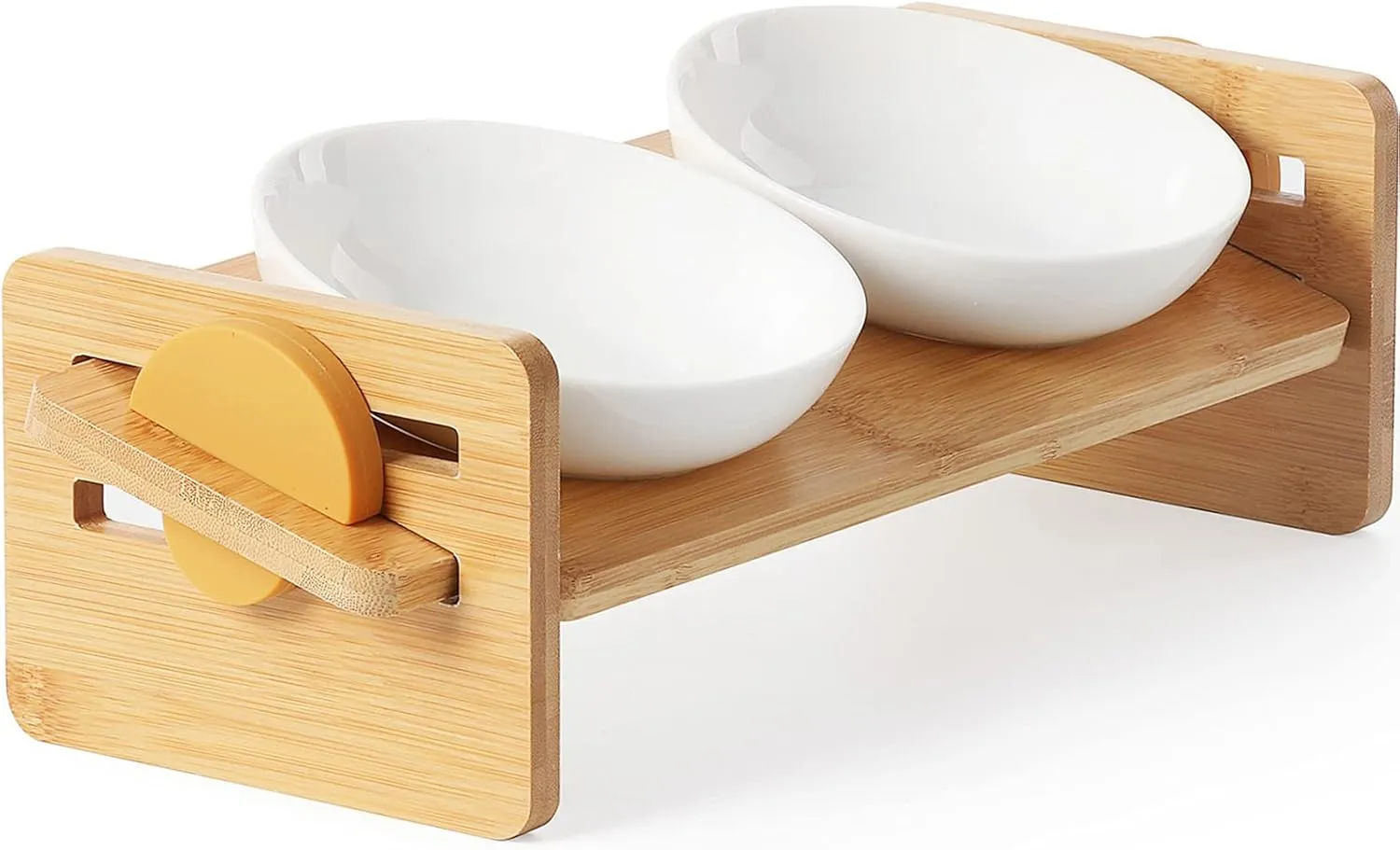 FUKUMARU Elevated Cat Ceramic Bowls, Small Dog 15 Tilted Raised Food Feeding Dishes, Solid Bamboo Water Stand Feeder Set for Cats and Puppy