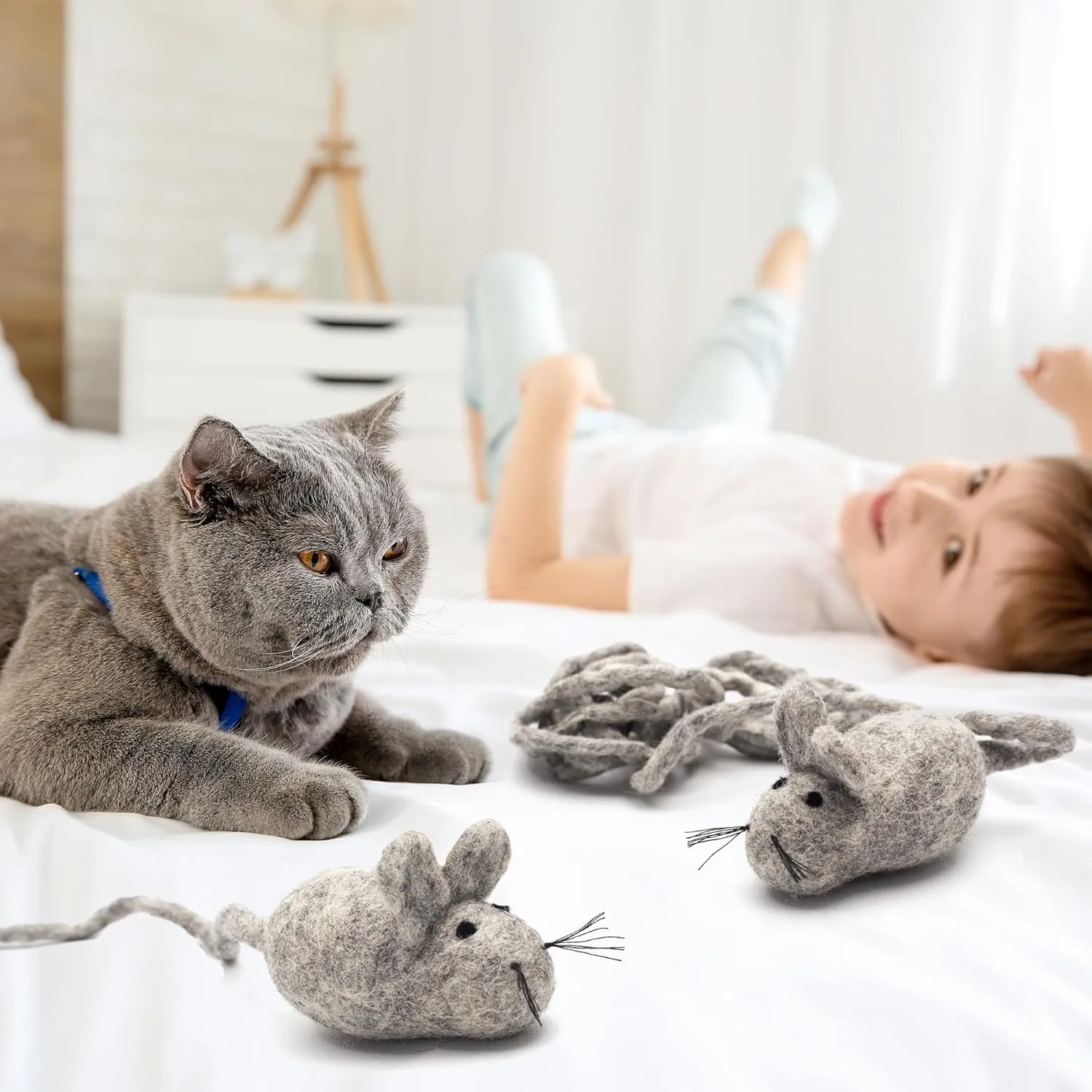 Glaciart One Felt Mouse Cat Toy  Soft Fuzzy Enrichment 100% Natural Wool - Interactive Catnip Play Cat Toy Set - Safe for Pets, Non-AZO Colored Dyes - 100 Long