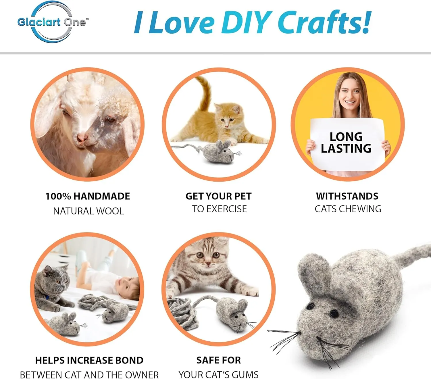 Glaciart One Felt Mouse Cat Toy  Soft Fuzzy Enrichment 100% Natural Wool - Interactive Catnip Play Cat Toy Set - Safe for Pets, Non-AZO Colored Dyes - 100 Long