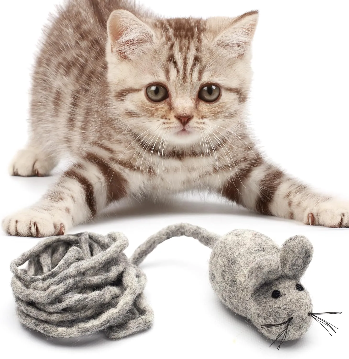 Glaciart One Felt Mouse Cat Toy  Soft Fuzzy Enrichment 100% Natural Wool - Interactive Catnip Play Cat Toy Set - Safe for Pets, Non-AZO Colored Dyes - 100 Long