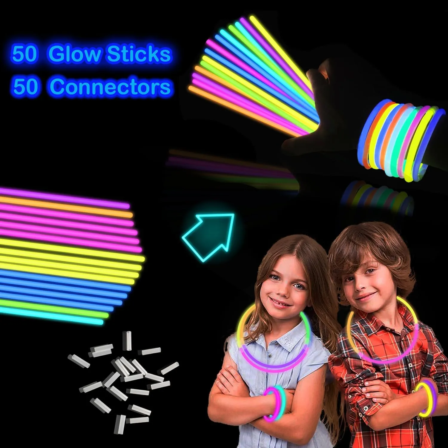 Glow Sticks Party Pack 8"-50,4th of July Light up Bracelets & Necklaces Accessories for Kids, Neon Glow in the Dark Party Favor Supplies Decoration for Birthday Camping Wedding Dance Parade Activities