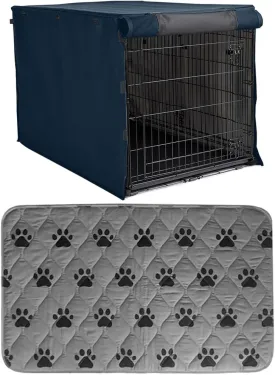Gorilla Grip Dog Crate Cover, Navy Blue 48 Inch and Reusable Puppy Pads, Paw Design 40x26, 2 Item Bundle