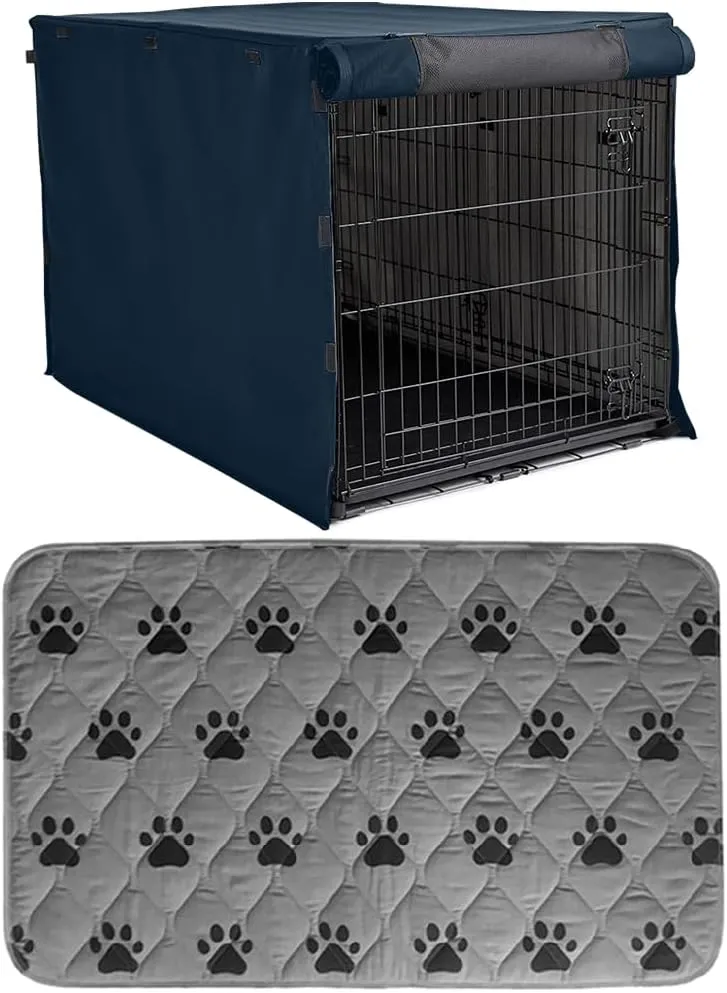 Gorilla Grip Dog Crate Cover, Navy Blue 48 Inch and Reusable Puppy Pads, Paw Design 40x26, 2 Item Bundle