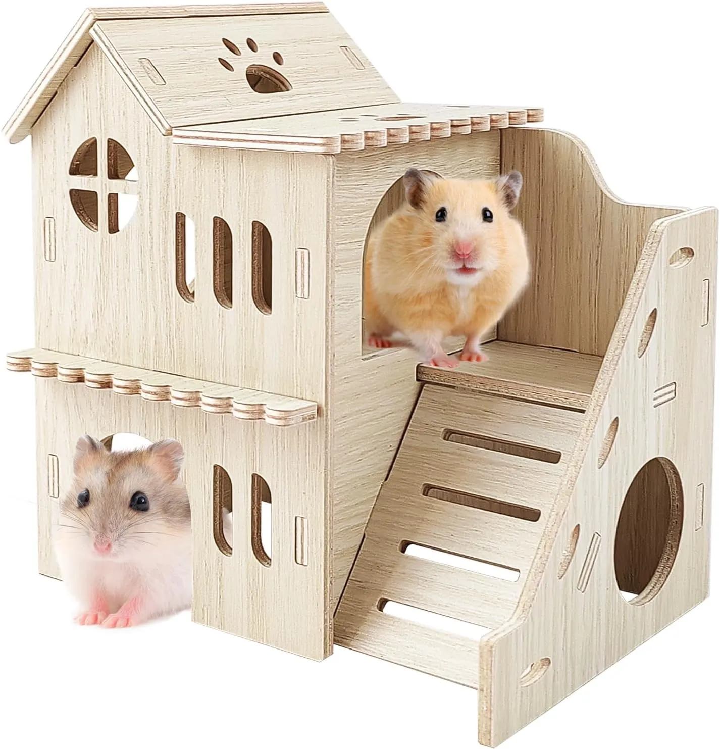 Hamster House with Slide, Double-Decker Hut, Guinea Pig Castle, Small Animal Habitat Decor