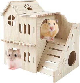 Hamster House with Slide, Double-Decker Hut, Guinea Pig Castle, Small Animal Habitat Decor