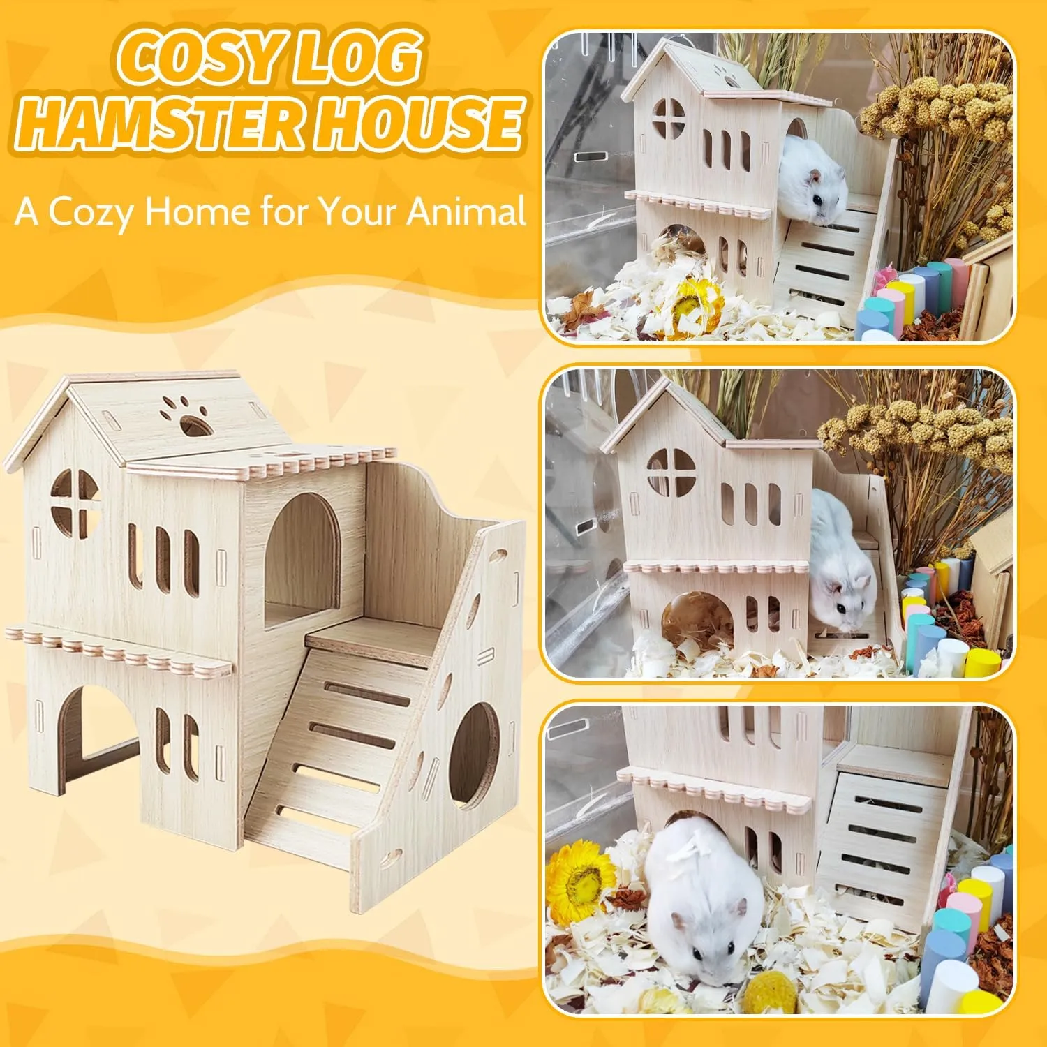 Hamster House with Slide, Double-Decker Hut, Guinea Pig Castle, Small Animal Habitat Decor