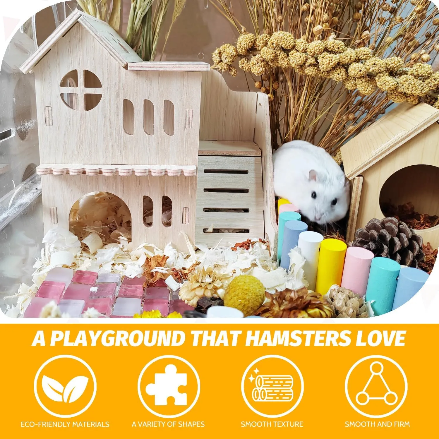 Hamster House with Slide, Double-Decker Hut, Guinea Pig Castle, Small Animal Habitat Decor