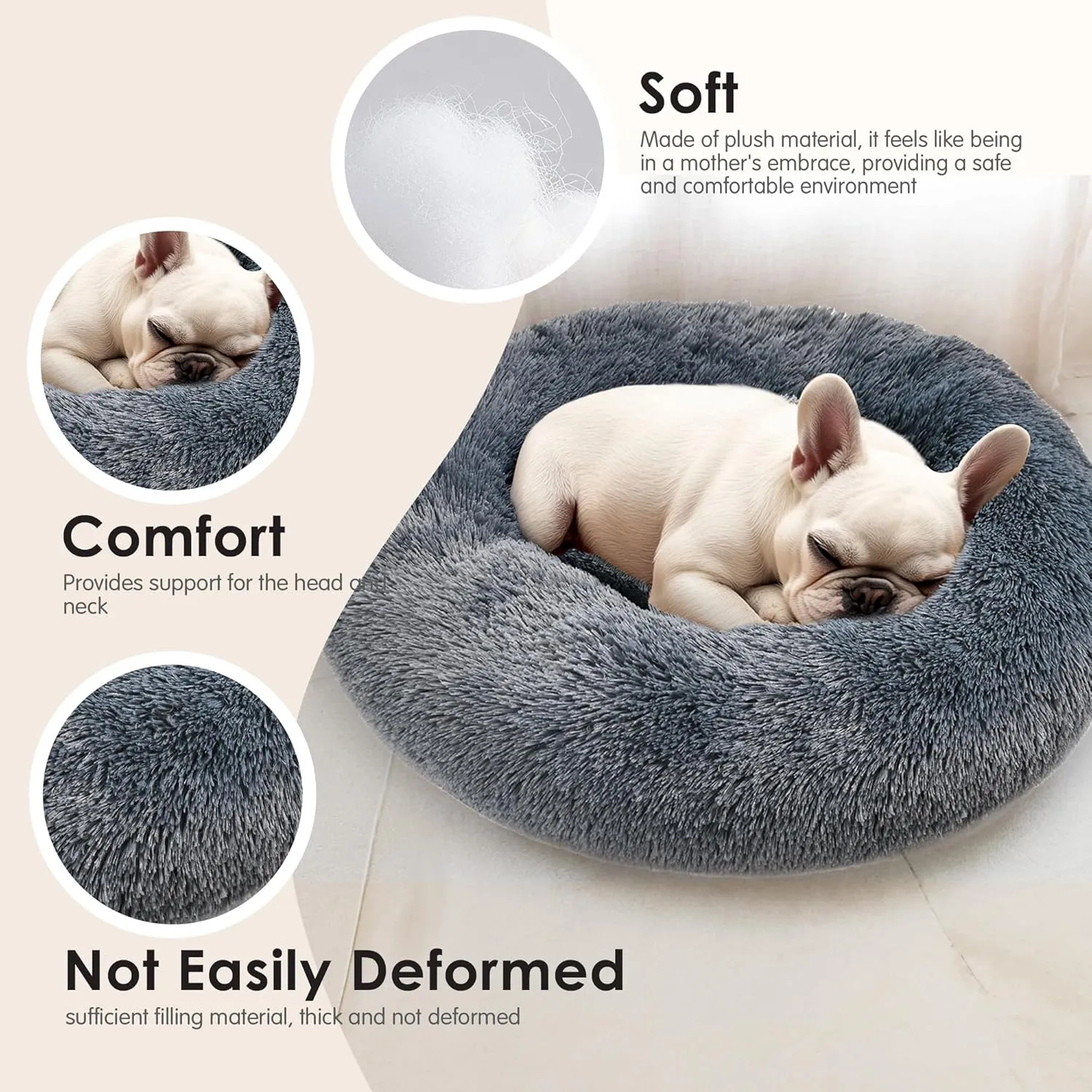 Hoewina Dog & Cat Bed, 20in Cat Beds for Indoor Cats, Calming Donut Bed for Puppy and Kitten, Washable Round Fluffy Pet Bed for Small Medium Dogs and Cats (Dark Grey)