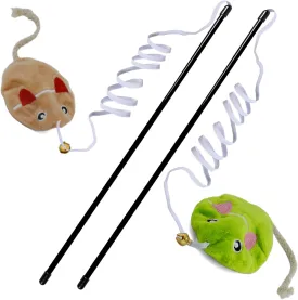 Interactive Cat Toy Wand with Catnip Mouse, Cat Teaser Wand Rainbow String for Bored Indoor Adult Cats and Kittens, 2 Pack