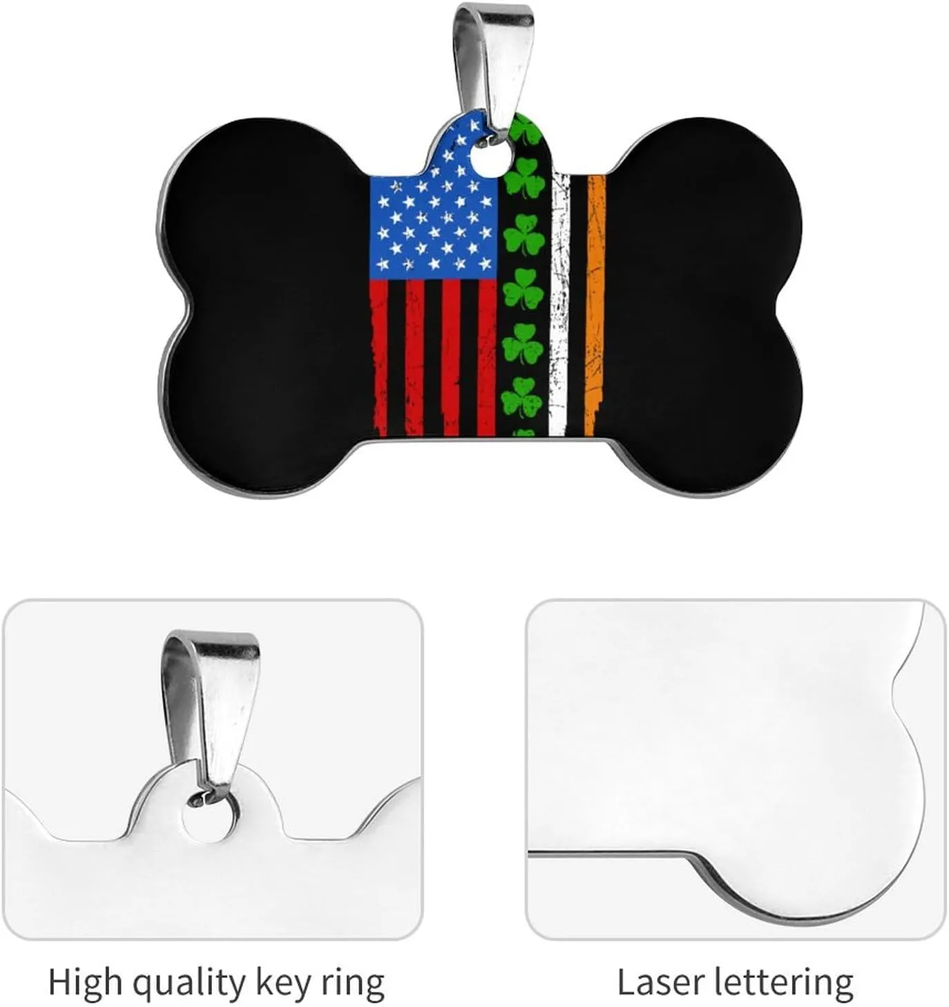 Irish American Flag Stainless Steel Pet ID Tags Personalized Dog and Cat Tags Cute Collar Tags Bone Shape