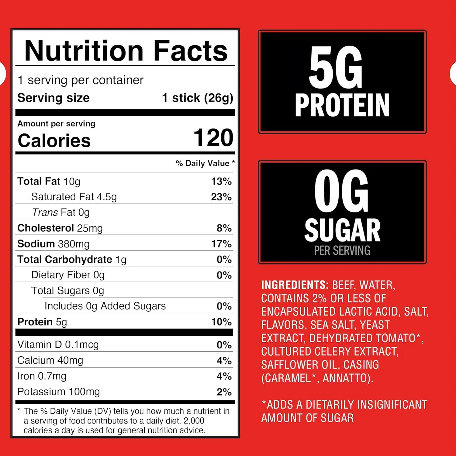 Jack Link's Beef Sticks, Original Zero Sugar  Protein Snack, Meat Stick with 5g of Protein, Meat Snack Sticks Made with 100% Beef, Keto & Paleo Diet Friendly, Individually Wrapped  0.92 Oz. (20 Count)