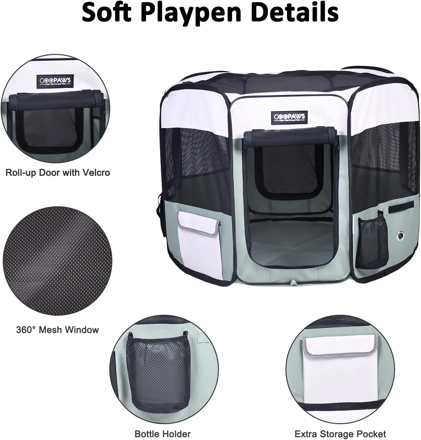 JESPET 61" Pet Dog Playpens, Portable Soft Dog Exercise Pen Kennel with Carry Bag for Puppy Cats Kittens Rabbits,Shale Green