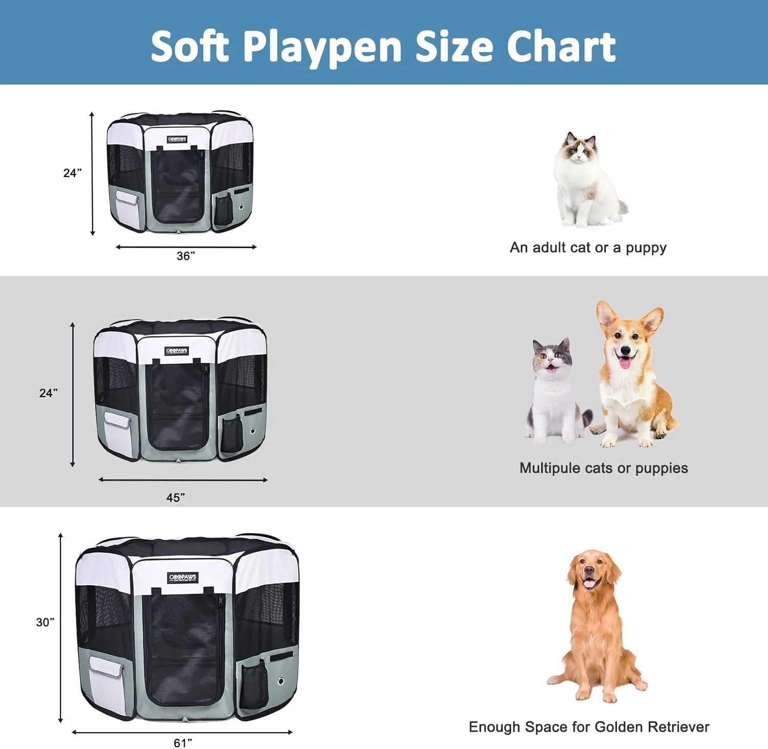 JESPET 61" Pet Dog Playpens, Portable Soft Dog Exercise Pen Kennel with Carry Bag for Puppy Cats Kittens Rabbits,Shale Green