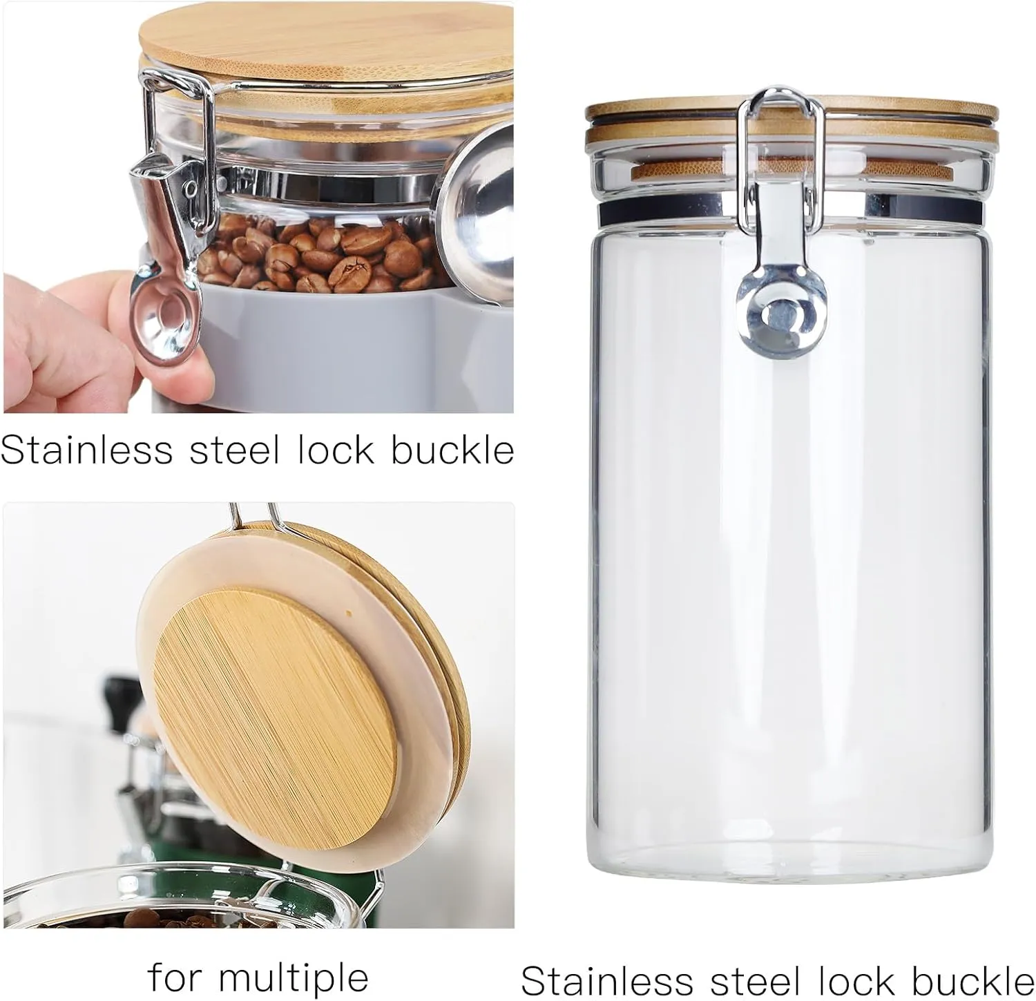 KKC HOME ACCENTS Airtight Clear Glass Coffee Bean Storage Container with Scoop,Glass Sealed Jar Canister with Bamboo Clamp Lid for Ground Coffee,Loose Tea,Brown Sugar,Nut,40 Fluid Ounce