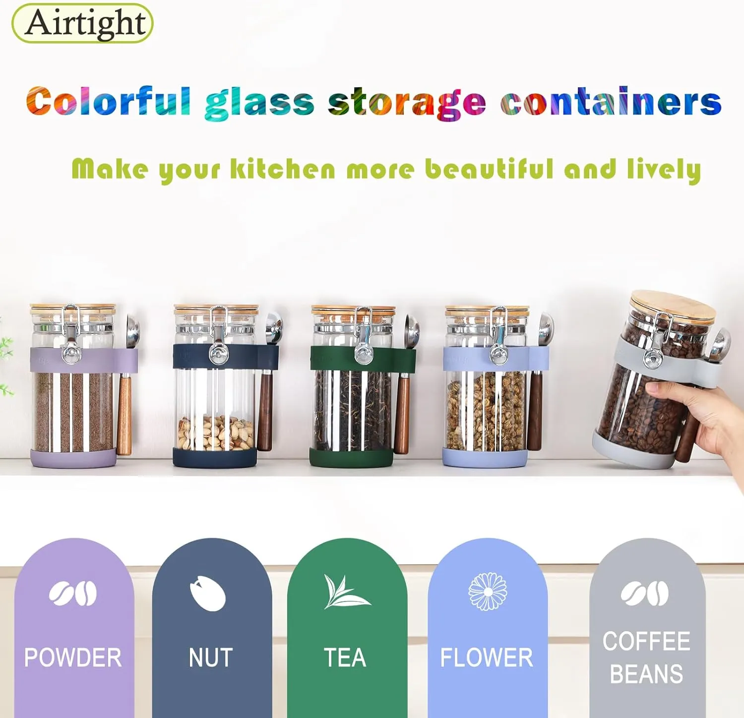 KKC HOME ACCENTS Airtight Clear Glass Coffee Bean Storage Container with Scoop,Glass Sealed Jar Canister with Bamboo Clamp Lid for Ground Coffee,Loose Tea,Brown Sugar,Nut,40 Fluid Ounce