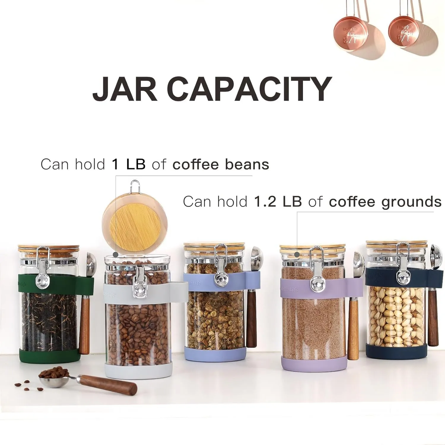 KKC HOME ACCENTS Airtight Clear Glass Coffee Bean Storage Container with Scoop,Glass Sealed Jar Canister with Bamboo Clamp Lid for Ground Coffee,Loose Tea,Brown Sugar,Nut,40 Fluid Ounce