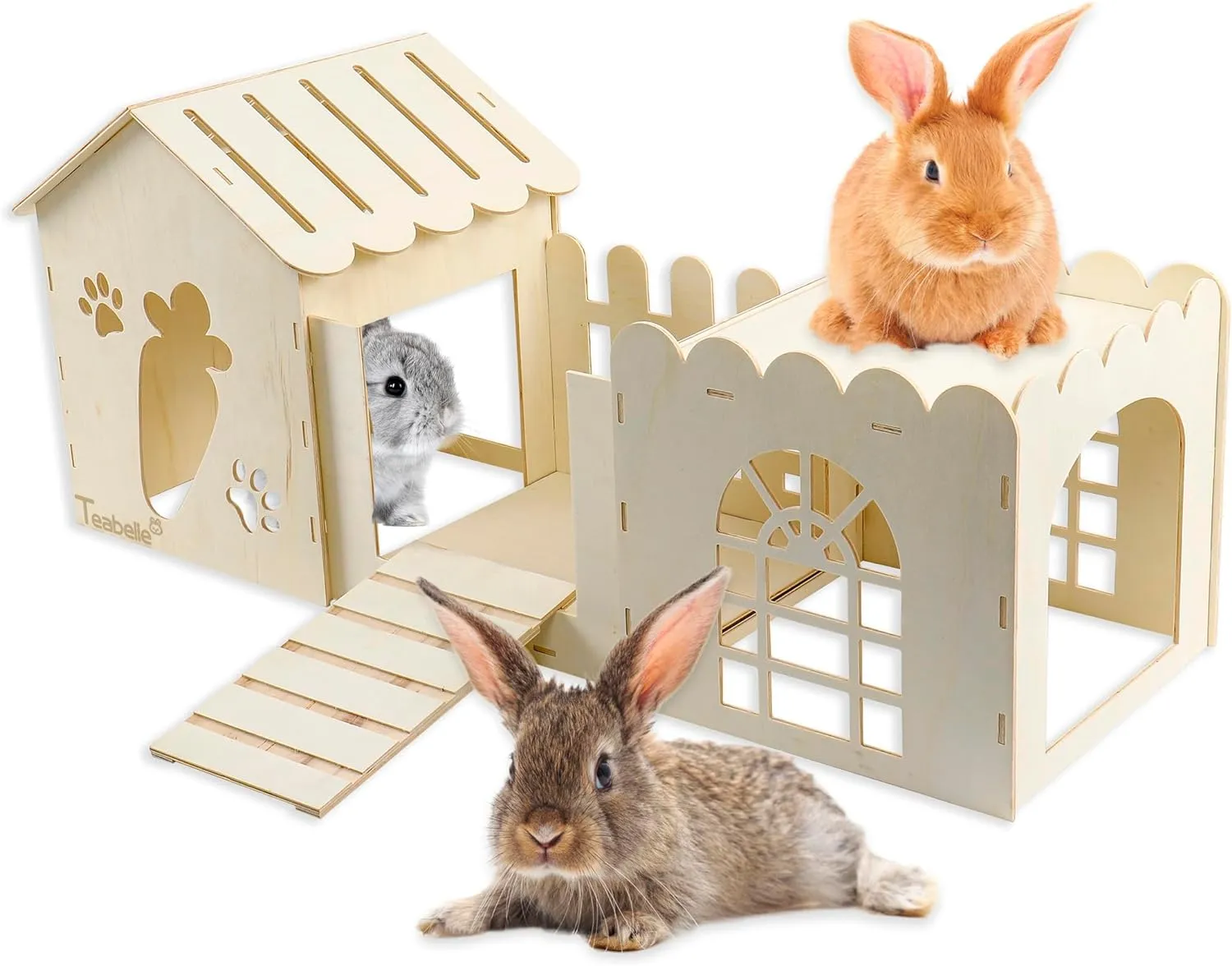 Large Rabbit Wooden Hideout House, Multi-Chamber Small Animal Wooden Castle Cage, Bunny Playhouse Habitat Decor Tunnel for Dwarf Rabbit Guinea Pig Chinchilla Hedgehog Squirrel