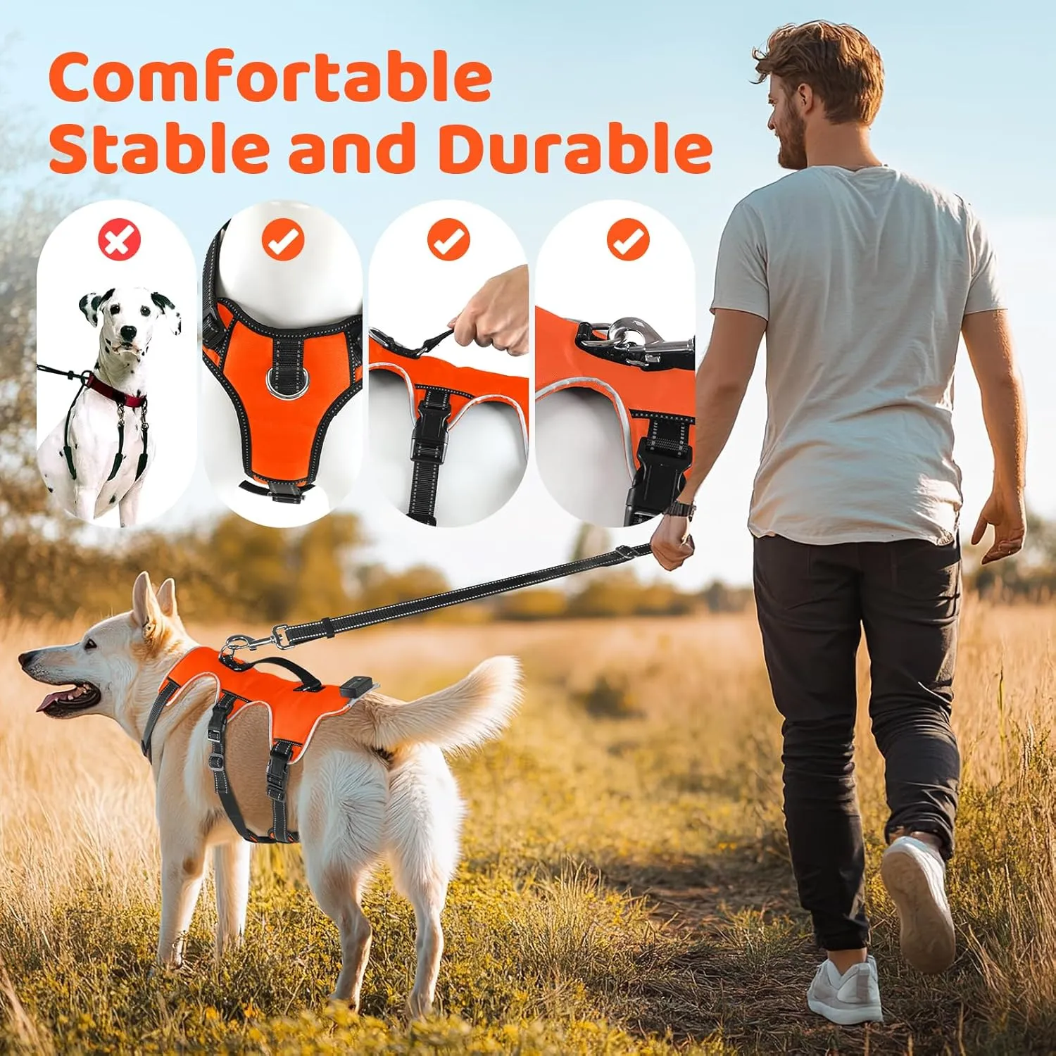 LED Dog Harness - No Pull, Rechargeable, Reflective, Glows in Dark - Orange, Medium