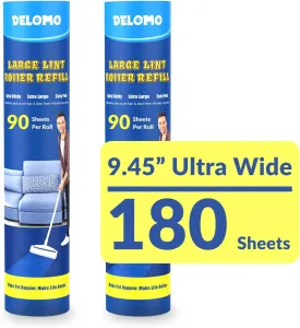 Lint Roller Refills - DELOMO Large Lint Roller Refill (2 Packs 180 Sheets) for Lint Remover, 9.45 in Pet Mega Extreme Stick Refill for Cleaning for Carpets,Floor Roller, Cars, Clothing, and Pet Hair