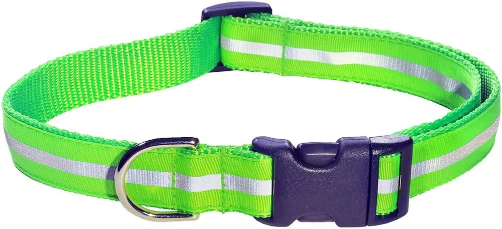 Medium Reflective Green Dog Collar: 3/4" Wide, Adjusts 13-20" - Made in USA.