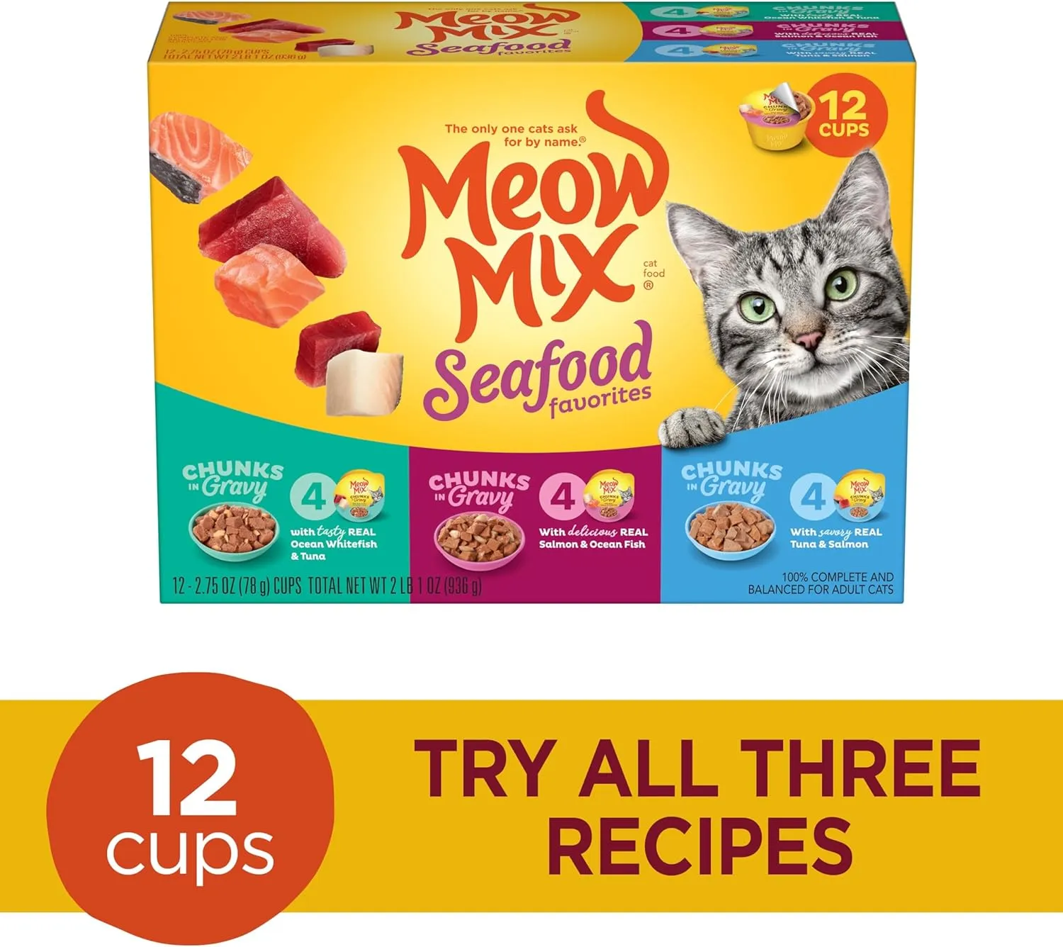Meow Mix Seafood Favorites Chunks in Gravy Wet Cat Food Variety Pack, 2.75 Ounce (Pack of 12)