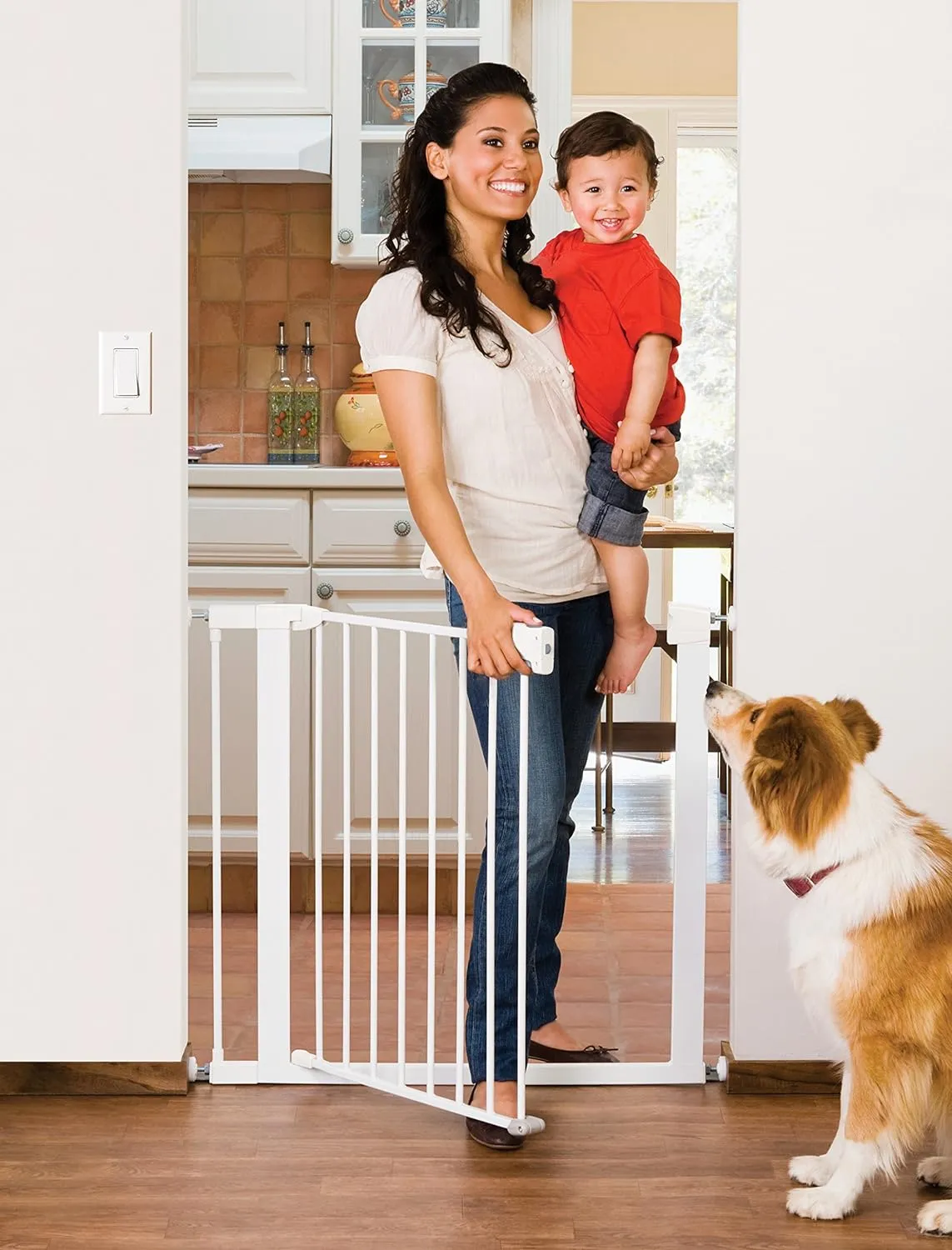 Munchkin Easy Close Pressure Mounted Baby Gate for Stairs, Hallways and Doors, Walk Through with Door, Metal, White, 35x29.5 Inch (Pack of 1)