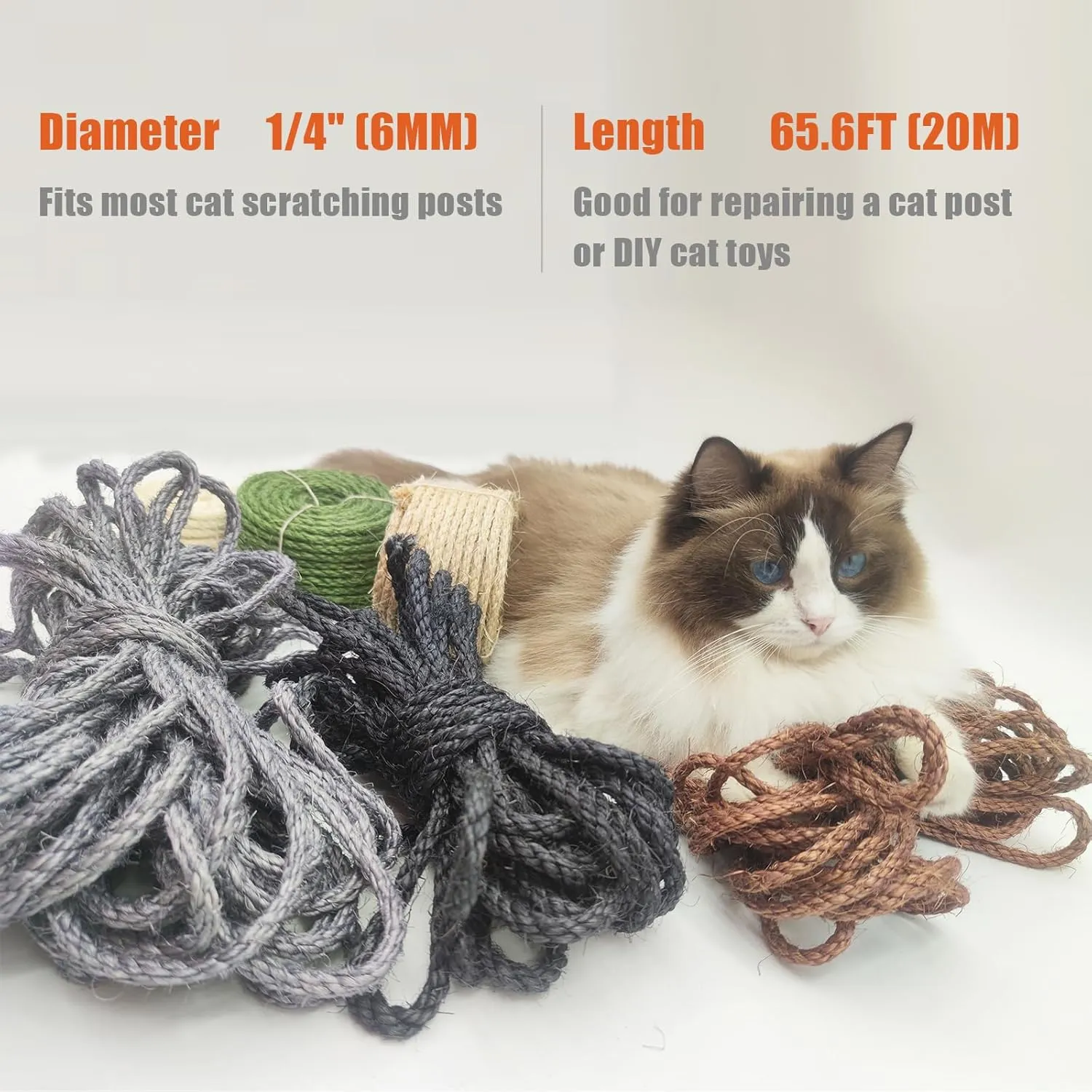 Natural Sisal Rope for Cat Scratcher, 1/4 Inch 65FT Sisal Rope for Cat Scratching Post Repair Replacement, Multi Color Cat Scratch Tree Rope Replacement, Solid Black