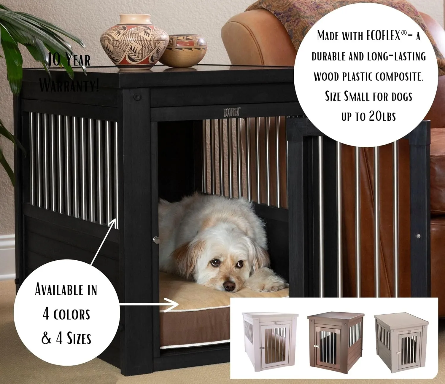 New Age Pet ECOFLEX Dog Crate End Table - Furniture-Style Pet Crate for Crate Trained Dogs - Stainless Steel Tubing & a Latched Closure - 10 Year Manufacturer's Warranty