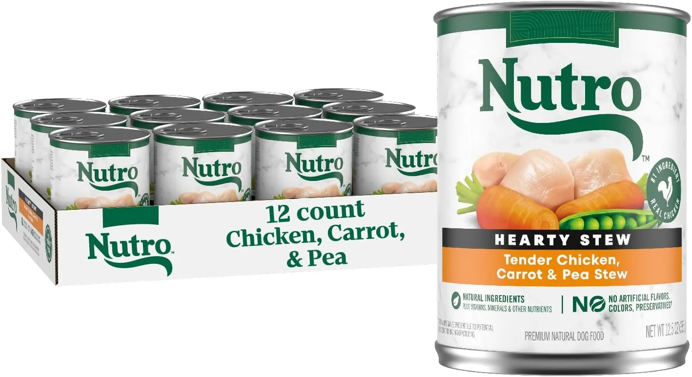 Nutro Hearty Stew Cuts in Gravy Adult Wet Dog Food Tender Chicken, Carrot & Pea Stew, 12.5 oz Cans (12 Count, Pack of 1)