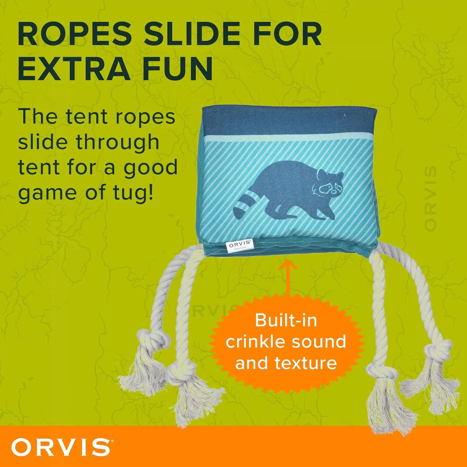 Orvis Dog Curious Raccoon Pup Tent Plush Toy with Treat Hiding Flaps; Tug and Treat Dog Toy - Durable, Interactive Chew Toys with Squeaker; with Fun Tug Ropes for Extra Fun
