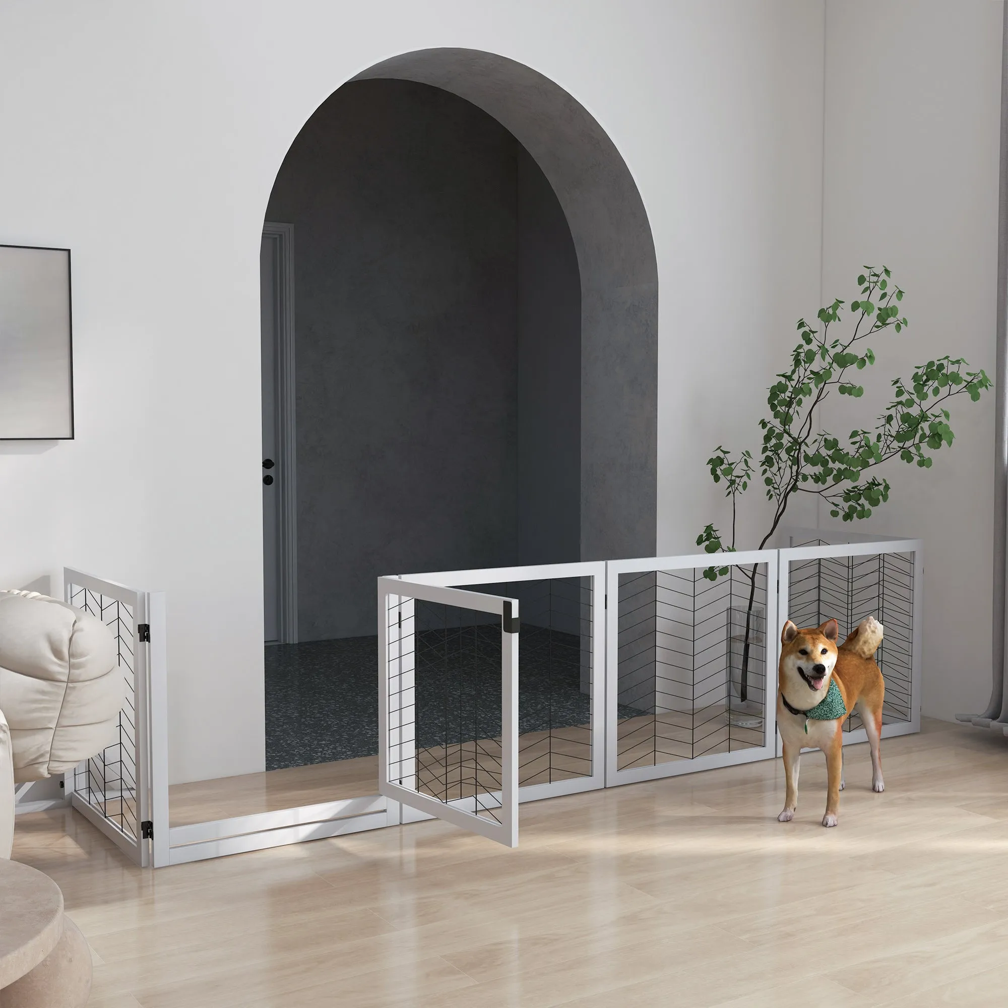 PawHut 8 Panels Foldable Pet Gate with Support Feet, for House, Doorway, Stairs, Small and Medium Dogs - White