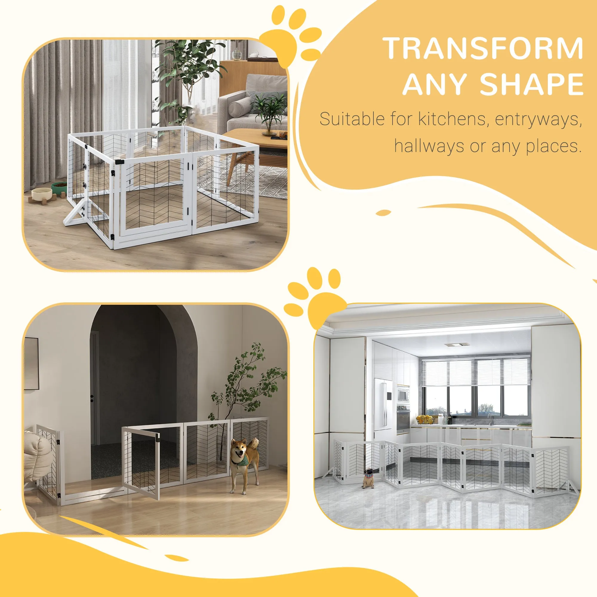 PawHut 8 Panels Foldable Pet Gate with Support Feet, for House, Doorway, Stairs, Small and Medium Dogs - White