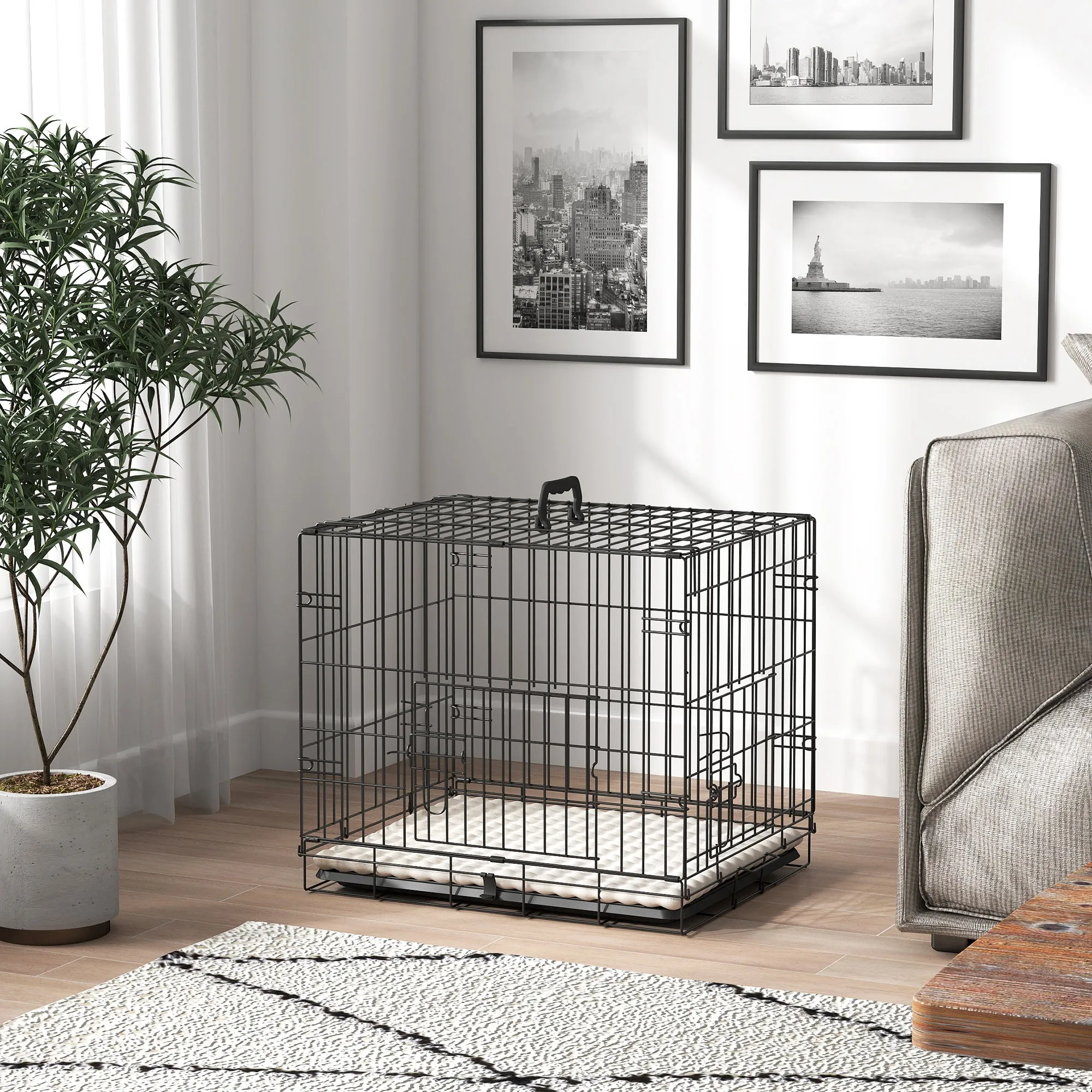 PawHut Foldable Dog Crate with Two Doors with Tray, Soft Cushion, for Extra Small Dogs, 60 x 40 x 50, Black