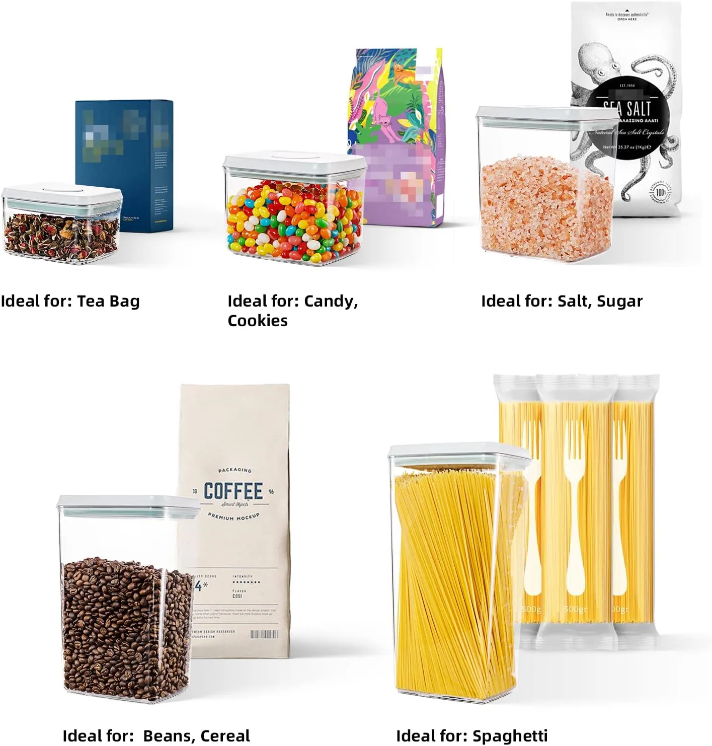 Pop Up Lid Food Storage Containers, Clear Storage Containers for Pantry Airtight Kitchen Containers Storage Set - 5 Pack for Cereal, Flour and Sugar, 3.5Qt, 2.9Qt, 2.1Qt, 1.3Qt, 0.6Qt