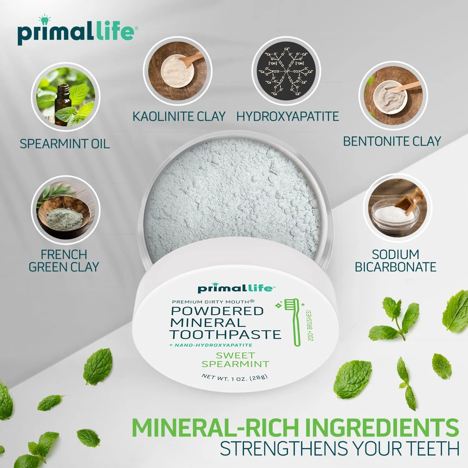 Primal Life Organics - Dirty Mouth Toothpowder, Tooth Cleaning Powder, Flavored Essential Oils with Natural Kaolin & Bentonite Clay, Good for 200  Brushings, Organic, Vegan (Sweet Spearmint, 1 oz)
