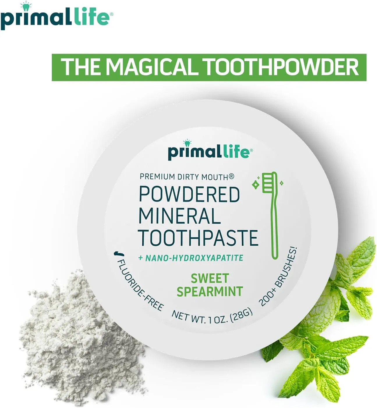 Primal Life Organics - Dirty Mouth Toothpowder, Tooth Cleaning Powder, Flavored Essential Oils with Natural Kaolin & Bentonite Clay, Good for 200  Brushings, Organic, Vegan (Sweet Spearmint, 1 oz)