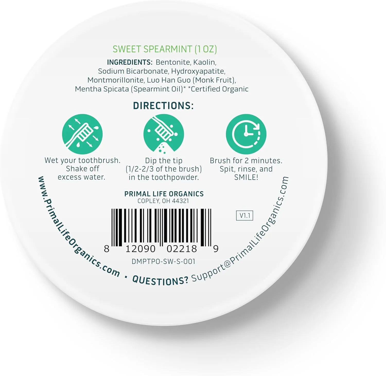 Primal Life Organics - Dirty Mouth Toothpowder, Tooth Cleaning Powder, Flavored Essential Oils with Natural Kaolin & Bentonite Clay, Good for 200  Brushings, Organic, Vegan (Sweet Spearmint, 1 oz)