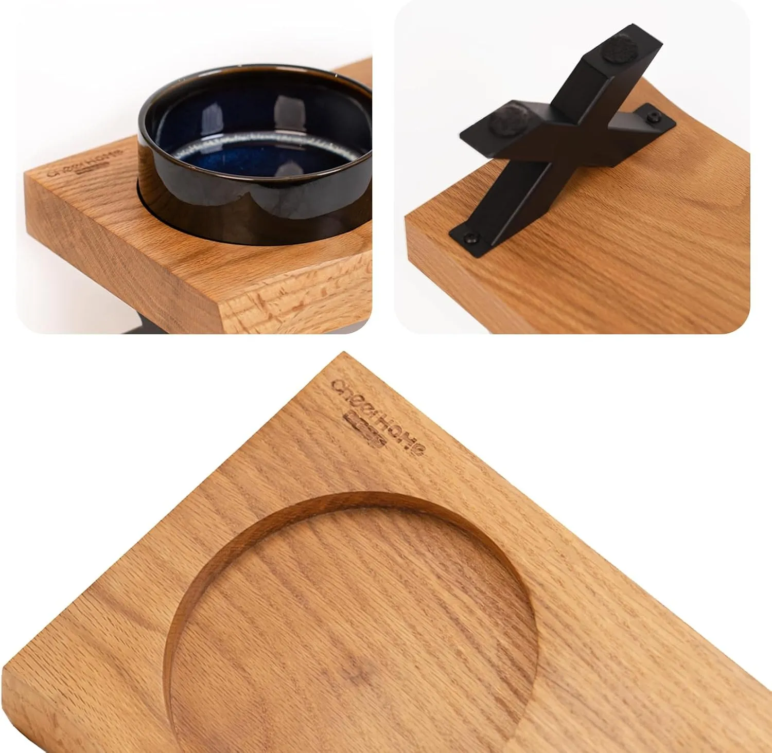 Raised Cat Ceramic Bowls for Small and Medium Dog, Solid Wooden Dog Food Bowl with Stand, Food Feeding Dishes Water Bowl for Cats and Puppy(Oak)