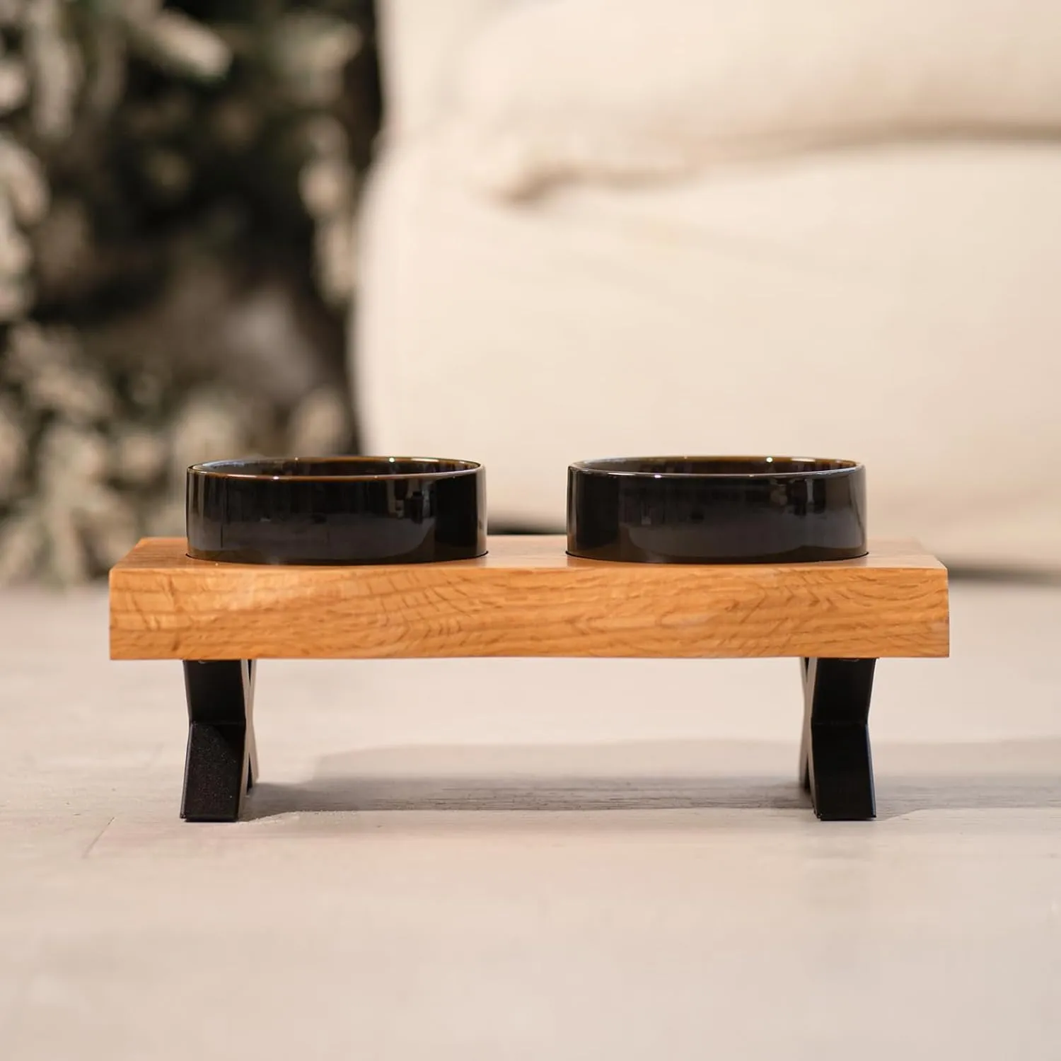 Raised Cat Ceramic Bowls for Small and Medium Dog, Solid Wooden Dog Food Bowl with Stand, Food Feeding Dishes Water Bowl for Cats and Puppy(Oak)