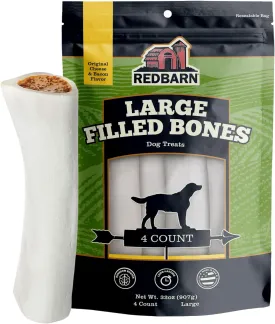 Redbarn Pet Products Large Filled Dog Bones, Cheese & Bacon Flavor - Long Lasting Stuffed Femur Chew Treat Made in USA - 4 Count - Packaging May Vary