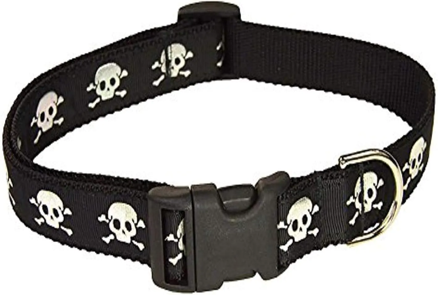 Small Black Reflective Skull Dog Collar: 5/8" Wide, Adjusts 10-14" - Made in USA.
