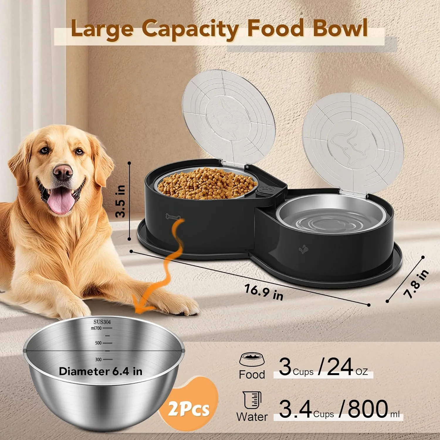 Stainless Steel Dog Bowl Set with Lids, 304 Metal Dual Food & Water Bowls for Dogs & Cats, Foldable Pet Feeder with Cover Keeps Food Fresh, Anti-Skid Dog Dish for Small/Medium/Large Pets