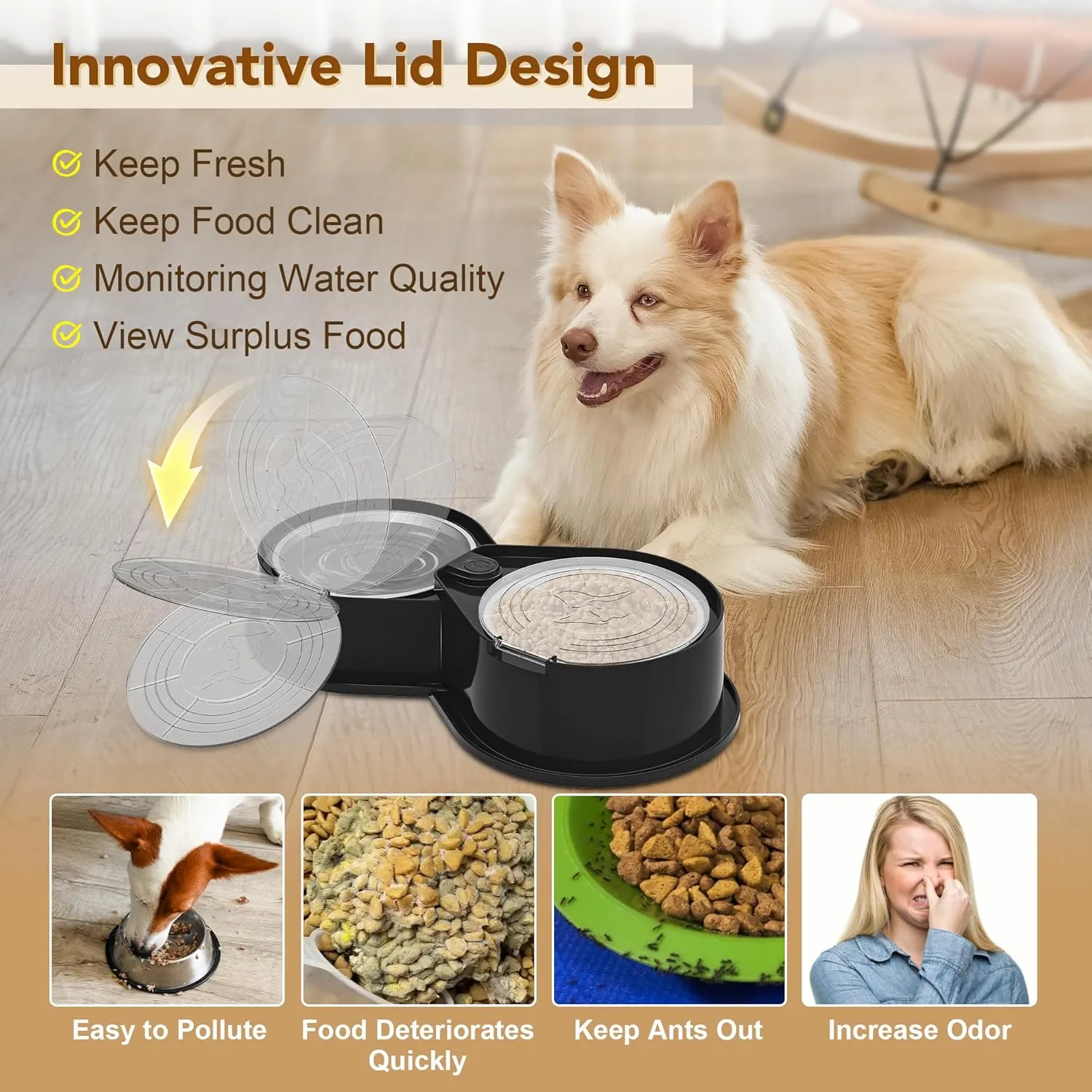Stainless Steel Dog Bowl Set with Lids, 304 Metal Dual Food & Water Bowls for Dogs & Cats, Foldable Pet Feeder with Cover Keeps Food Fresh, Anti-Skid Dog Dish for Small/Medium/Large Pets