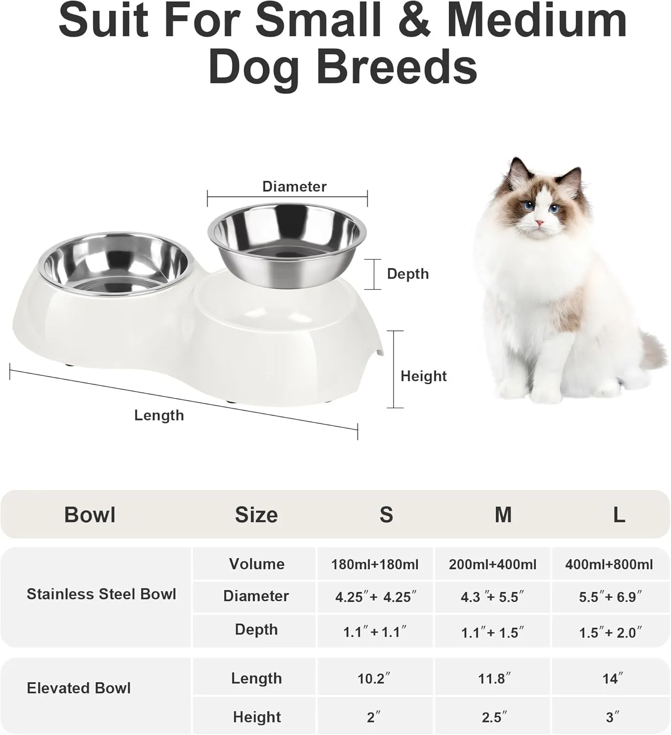 Stainless Steel Dog Bowls Set  Dual Non-Slip Pet Dishes with 2 Small (6.9 oz) Bowls & Durable Resin Stand,Food & Water Feeder for Puppies, Kittens, and Small Breed Dogs White